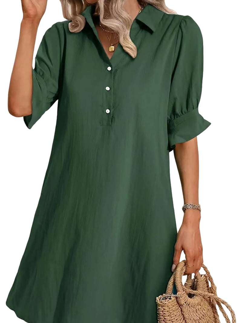 Womens Summer Shirt Dress Casual Ruffle Short Sleeve Button Down Mini ...