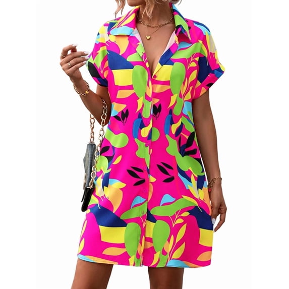Womens Summer Shirt Dress Short Sleeve Floral Shift Dress Casual Loose Flowy Beach Sundress Rose Red M