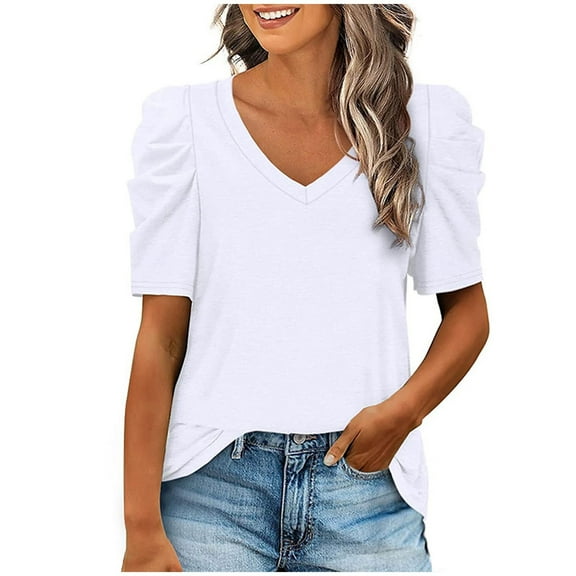 Womens Summer Shirt V Neck Casual Tshirts Puff Sleeve Tops for Women Solid Color White XL