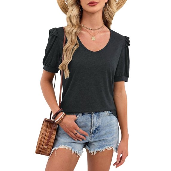 Womens Summer Shirt V Neck Casual Tshirts Puff Sleeve Tops for Women Solid Color XS-3XL Black XL