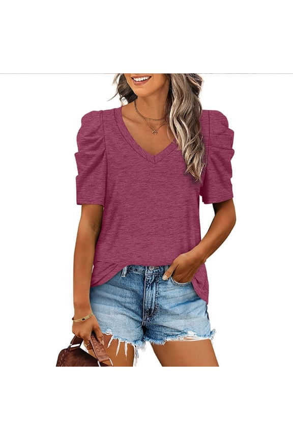 Womens Summer Shirt V Neck Casual Tshirts Puff Sleeve Tops for Women Solid Color XS-3XL Hort-Sleeved Top With Pleated Seams And V-Neck Design Red L