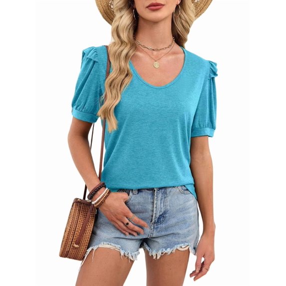 Womens Summer Shirt V Neck Casual Tshirts Puff Sleeve Tops for Women Solid Color XS-3XL Lake Blue M