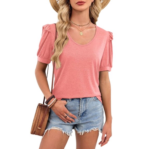 Womens Summer Shirt V Neck Casual Tshirts Puff Sleeve Tops for Women Solid Color XS-3XL Pink L