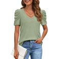 thumbnail image 1 of Womens Summer Shirt V Neck Casual Tshirts Puff Sleeve Tops for Women Trendy Tunic Solid Color, 1 of 6
