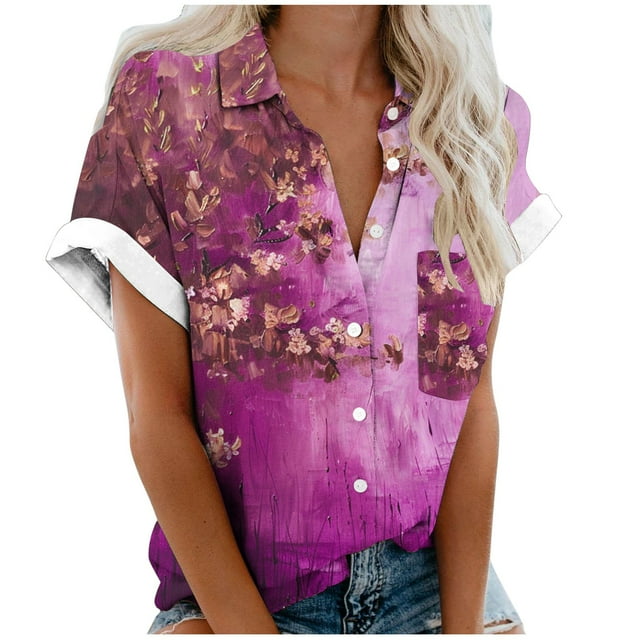 Womens Summer Shirts Button Down V Neck Short Sleeve Tops Casual Floral ...