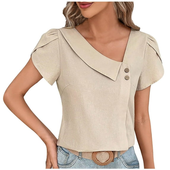 Womens Summer Shirts Casual Asymmetrical Neck Blouse for Women Petal Sleeve Tops Solid Color Loose Tshirt (Beige M)