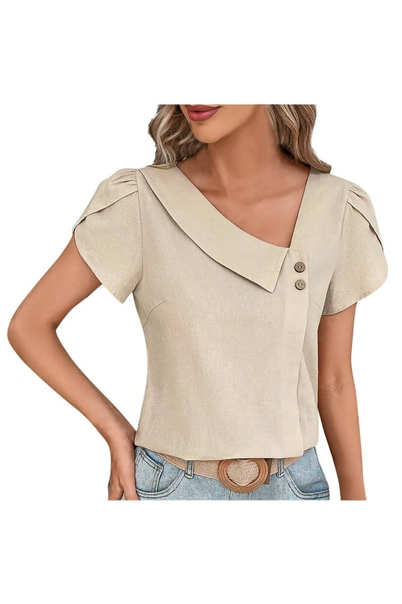 Womens Summer Shirts Casual Asymmetrical Neck Blouse for Women Petal Sleeve Tops Solid Color Loose Tshirt (Beige XL)