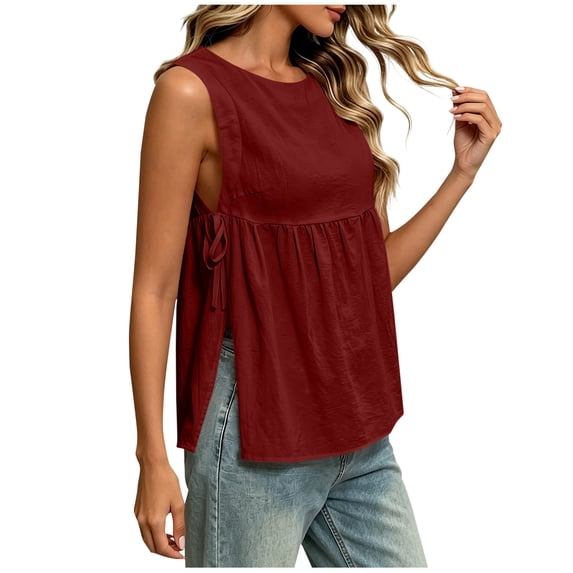 Womens Summer Shirts Casual Crew Neck Side Tie Tank Top Flowy Peplum Camisole for Daily Vacation Wine M