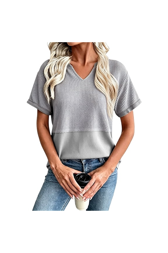 Womens Summer Shirts Casual Crew Neck Waffle Knit Tuic Tops Short Sleeve T Shirts Loose Fit Blouses