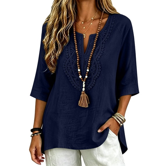 Womens Summer Shirts Lace V Neck 3/4 Sleeve Curved Hem Cotton Linen Oversized Tshirts for Women Blue XL