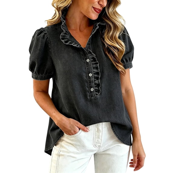 Womens Summer Shirts Puff Sleeve Button Down Denim Oversized Tshirts for Women Black L
