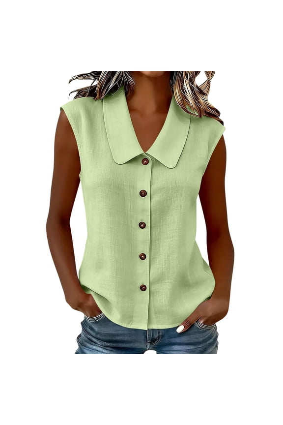 Womens Summer Shirts Sleeveless Button down Solid Color Polo Collared Collared Breathable Cotton Blouse Casual Summer Light Green XL