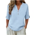 thumbnail image 1 of Summer Tops Trendy 2026,Linen Tops for Women Summer Loose Fit - 3/4 Length Sleeve Blouses Dressy Casual Button Trim Notched V-Neck Shirt, 1 of 7