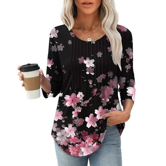 Womens Summer Shirts and Tops Blouses for Women Business Casual Summer Pleated Tops for Women 3/4 Length Sleeves Tops Print Tops for Women Y2k
