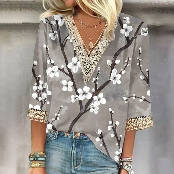 Womens Summer Shirts and Tops Summer Tops with Sleeves for Teens Women's T Shirts Loose Fit 3/4 Sleeves Spring Clothes for Women 2026 Floral Tops