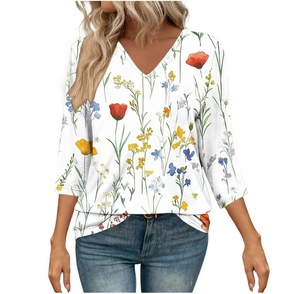Womens Summer Shirts and Tops Summer Tops for Women Floral Quarter Length Sleeve Tops Shirts for Women Loose Fit Cotton Printed Tshirts for Women
