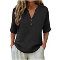 thumbnail image 1 of Summer Tops Trendy 2026,Linen Tops for Women Summer Loose Fit - 3/4 Length Sleeve Blouses Dressy Casual Button Trim Notched V-Neck Shirt, 1 of 7