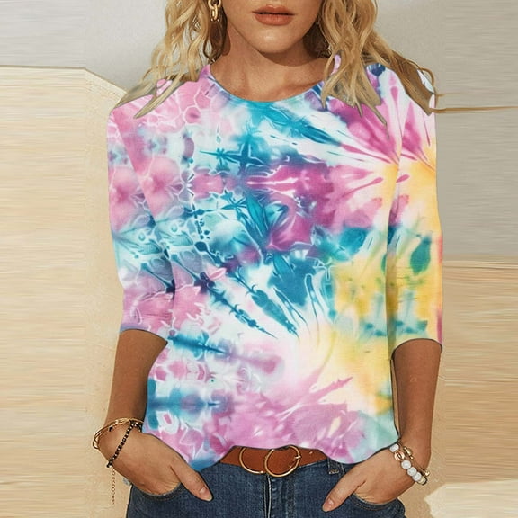 Womens Summer Shirts and Tops T Shirts for Women Trendy Loose Fit Womens 3/4 Length Sleeve Tops Shirts for Women Loose Fit Tie Dye Tshirt Cotton