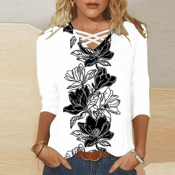 Womens Summer Shirts and Tops White Tshirts Shirts for Women Gym 3/4 Sleeve Tops for Women Loose Fit Plus Size Tee Shirts White Printed Tshirts for Women