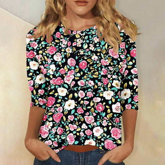 Womens Summer Shirts and Tops Womens Summer Shirts 3/4 Length Sleeve Womens Tops Blouses Summer Floral Blouses for Women Short Sleeve