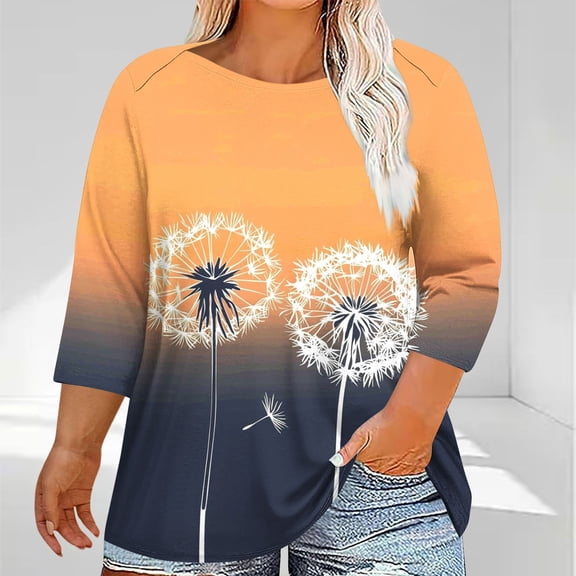 Womens Summer Shirts and Tops Womens T Shirts Loose Fit Cotton 3/4 Length Sleeve Womens Tops Dressy Tee Shirts Vneck Printed Tshirts Shirts for Women