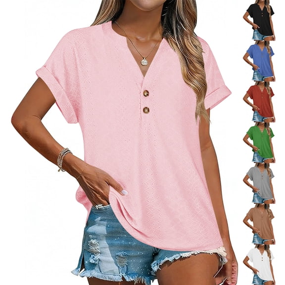 Womens Summer Shirts Tunic Tops Textured Button Slim Long Sleeved Red S