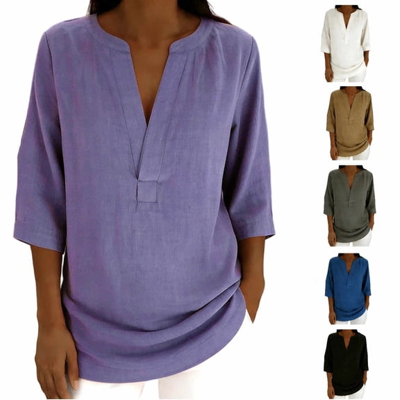 Womens Summer Shirts Tunic Tops V-neck Short-sleeved Loose Top Brown S