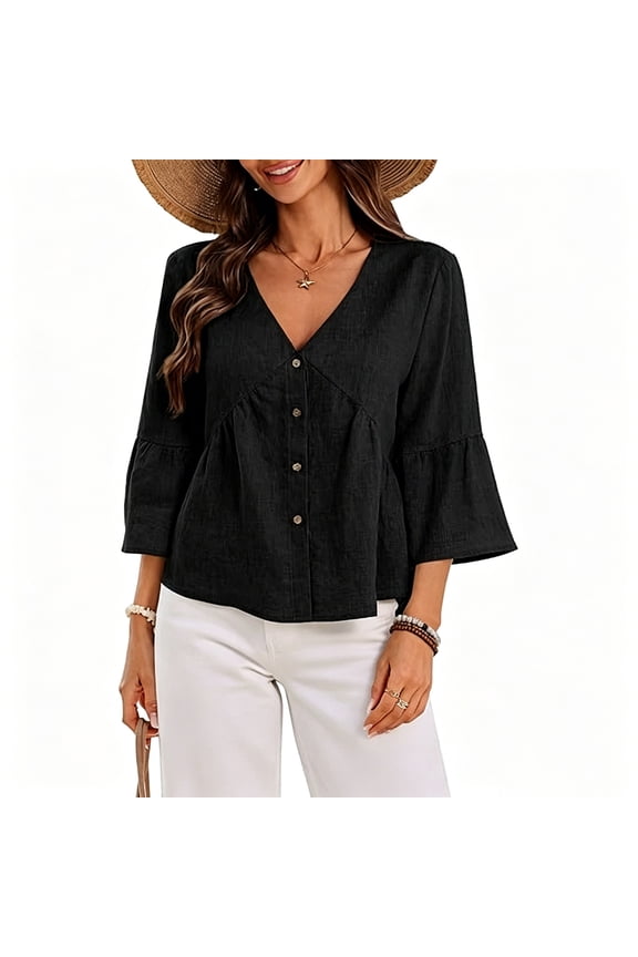 Womens Summer Shirts V Neck 3/4 Flared Elbow Sleeve Ruffle Hem Button Front Relaxed Fit Daily Tops Black M