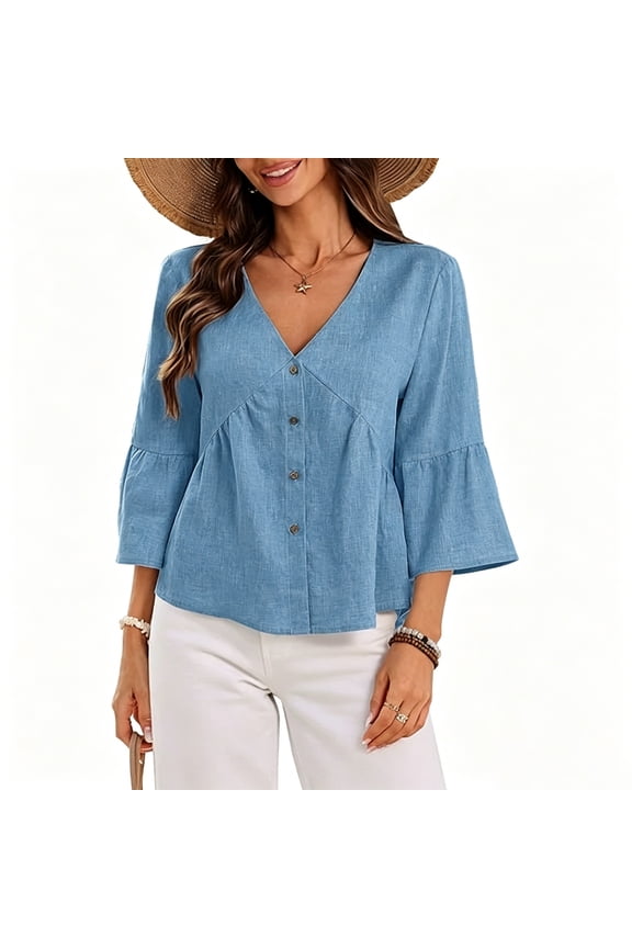 Womens Summer Shirts V Neck 3/4 Flared Elbow Sleeve Ruffle Hem Button Front Relaxed Fit Daily Tops Blue M