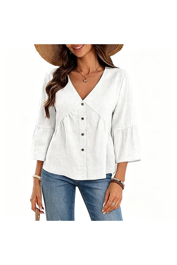 Womens Summer Shirts V Neck 3/4 Flared Elbow Sleeve Ruffle Hem Button Front Relaxed Fit Daily Tops White S