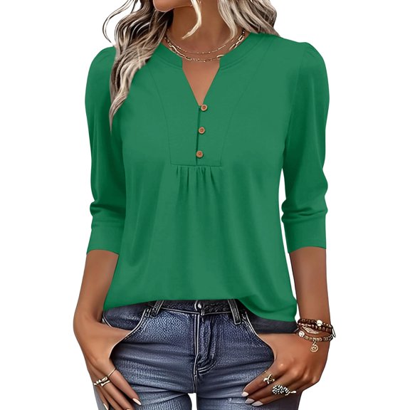 Womens Summer Shirts V Neck 3/4 Sleeve Henry Style Decorative Button Gathered Waist Daily Tops Dark Green L