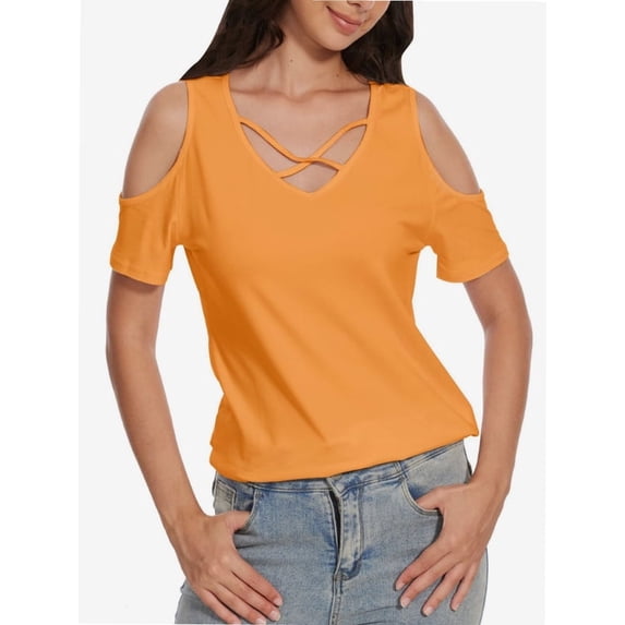 Womens Summer Shirts V Neck Criss Cross Cold Shoulder Tops Blouse