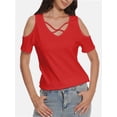 thumbnail image 1 of Womens Summer Shirts V Neck Criss Cross Cold Shoulder Tops Blouse, 1 of 6