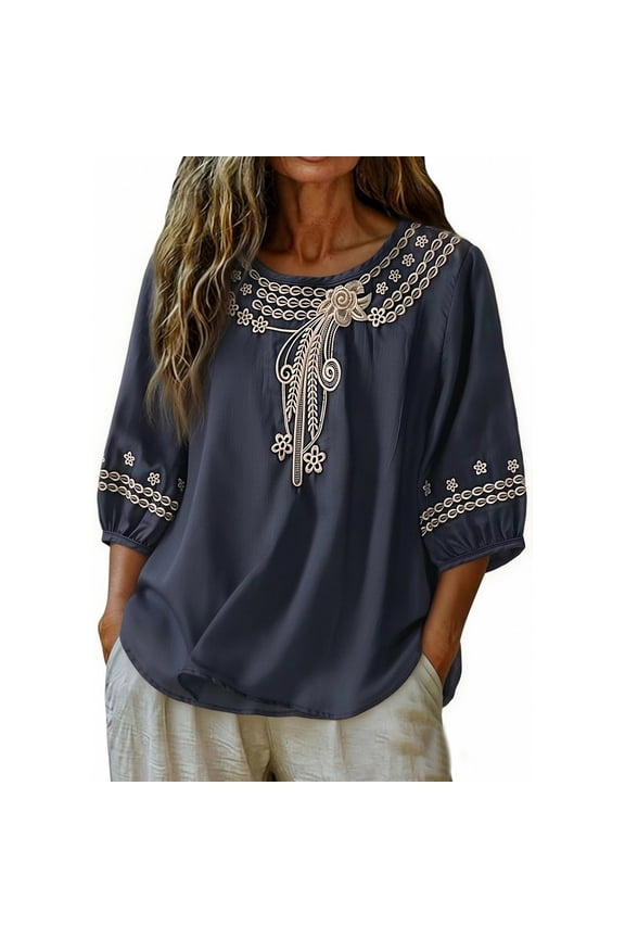 Womens Summer Shirts Vintage Embroidered 3/4 Sleeve Half Crew Neck Relaxed Fit Casual Boho Cottagecore Black L