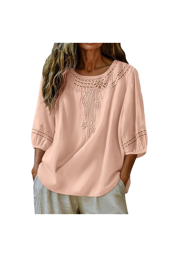 Womens Summer Shirts Vintage Embroidered 3/4 Sleeve Half Crew Neck Relaxed Fit Casual Boho Cottagecore Pink L