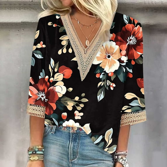 Womens Summer Shirts and Tops Nice Blouses for Women Trendy Summer 3/4 Sleeve Tops for Women Trendy Plus Size T Shirts Floral Shirts for Women Trendy