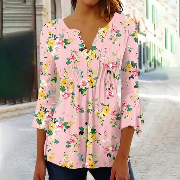 Womens Summer Shirts and Tops Summer Blouses for Women Boho T Shirt 3/4 Sleeves Women Plus Size T Shirts for Women Floral Tops for Women Y2k