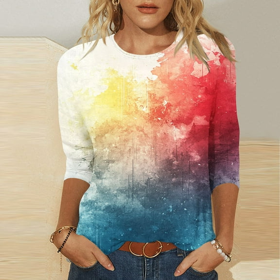Womens Summer Shirts and Tops Womens Summer Tee Womens 3/4 Sleeve T Shirts Oversized Tops for Women Trendy Tie Dye Tshirt Cotton