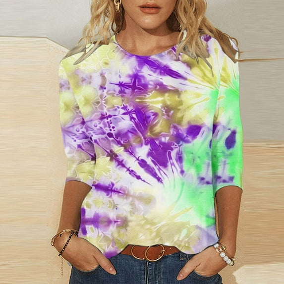 Womens Summer Shirts and Tops Womens T Shirts Loose Fit Boho Tops for Women 3/4 Sleeve Oversized Top Tie Dye Blouses for Women