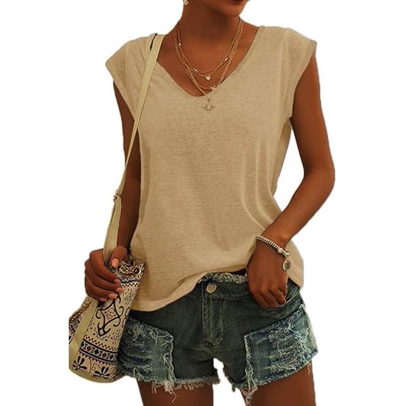 Womens Summer Short Cap Sleeve Shirts V Neck Solid Casual Loose Basic Tunic Fashion Tops Vintage Basics Tee