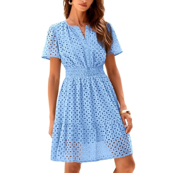 Womens Summer Short Dress V Neck Short Sleeve A Line Wear To Work Hollow Out Lace Ruffle Cute Casual Beach Party Dresses