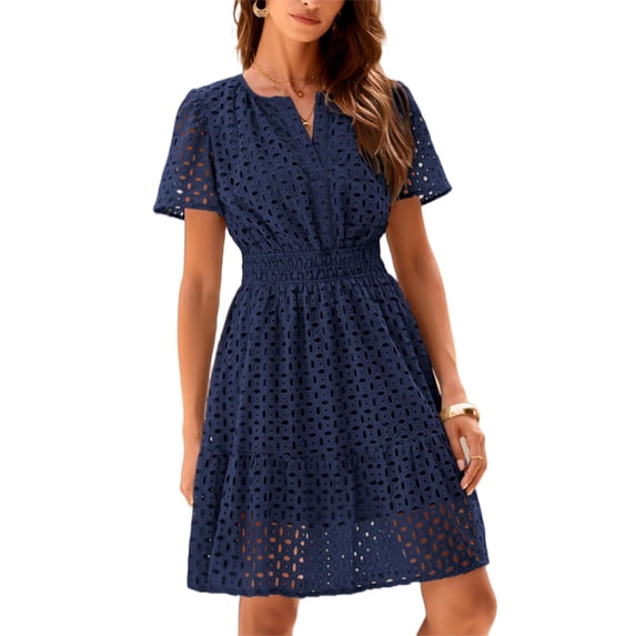 Womens Summer Short Dress V Neck Short Sleeve A Line Wear To Work Hollow Out Lace Ruffle Cute Casual Beach Party Dresses