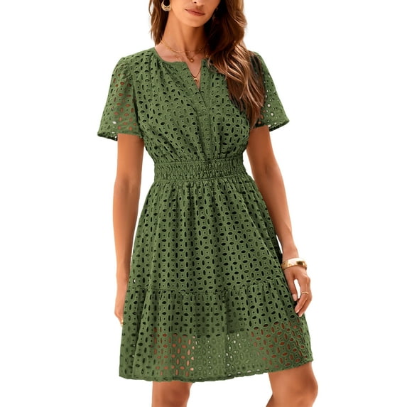 Womens Summer Short Dress V Neck Short Sleeve A Line Wear To Work Hollow Out Lace Ruffle Cute Casual Beach Party Dresses