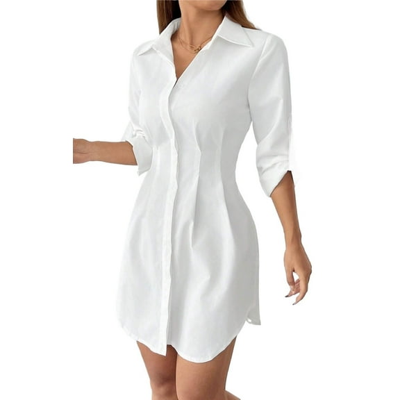 Womens Summer Short Dresses Solid Button Front Long Sleeve Casual Shirt Dress For Women