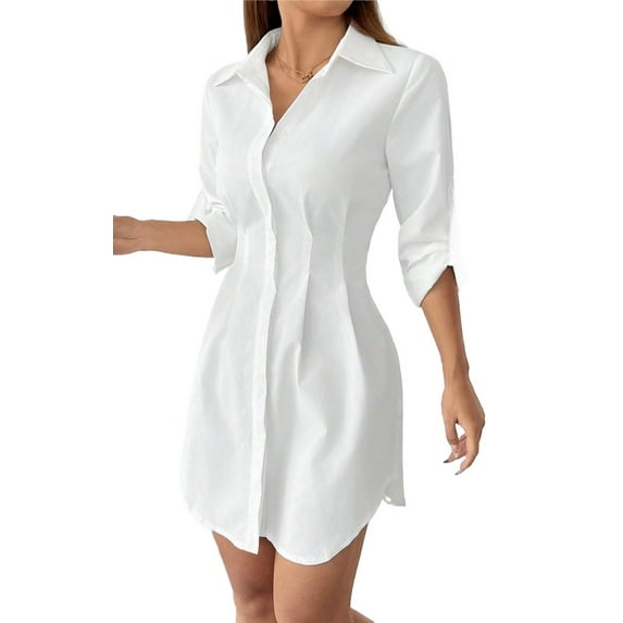 Womens Summer Short Dresses Solid Button Front Long Sleeve Casual Shirt Dress For Women
