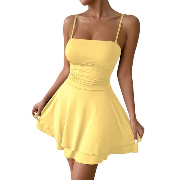 Womens Summer Short Dresses Solid Color Daily Wear Spaghetti Strap Sexy Dress For Women