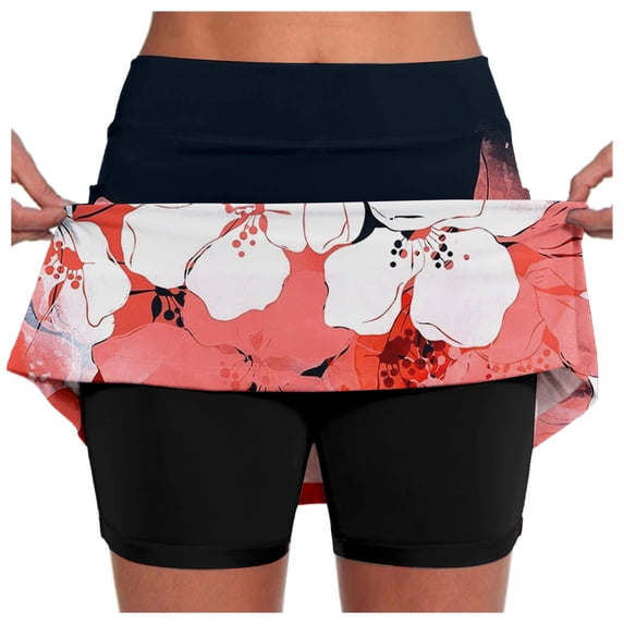 Womens Summer Short Skirts Floral Printed Elastic Waist Swim Beach Skirts Comfort Stretch Shorts Dressy Casual Summer,Red,5XL