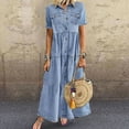 thumbnail image 1 of Womens Summer Short Sleeve Button Down Long Denim Dress Casual Loose Fit Maxi Shirt Dress with Pockets Dark Blue XL, 1 of 6
