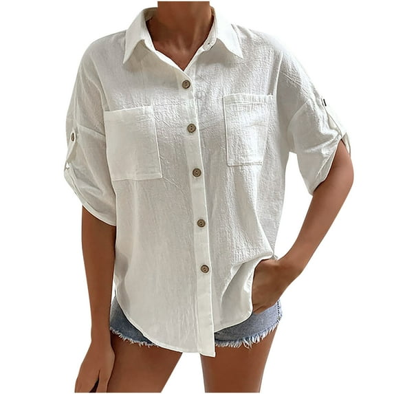 Womens Summer Short Sleeve Button Down Shirts Bussiness Casual Basic Blouses Tops Henley V Neck Pockets Tunic Tee