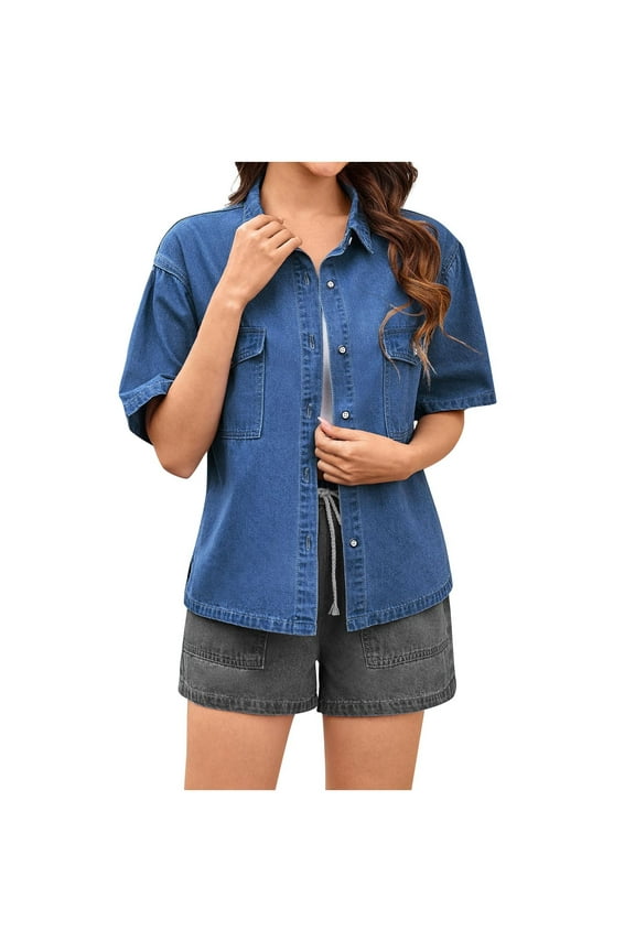 Womens Summer Short Sleeve Button Down Shirts Denim Lapel V Neck Collared Casual Blouse Tops with Pockets